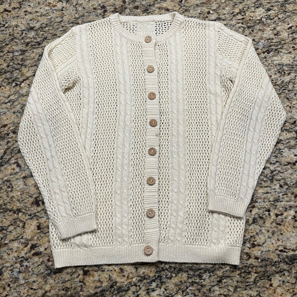 Mens Cream Cable‎ Knit Pointelle Cardigan Sweater Button Front Cream Ivory